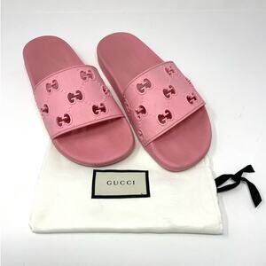 Gucci Interlocking GG Logo Rubber Pool Slides Slip On Flat Sandals Pink EU 40
